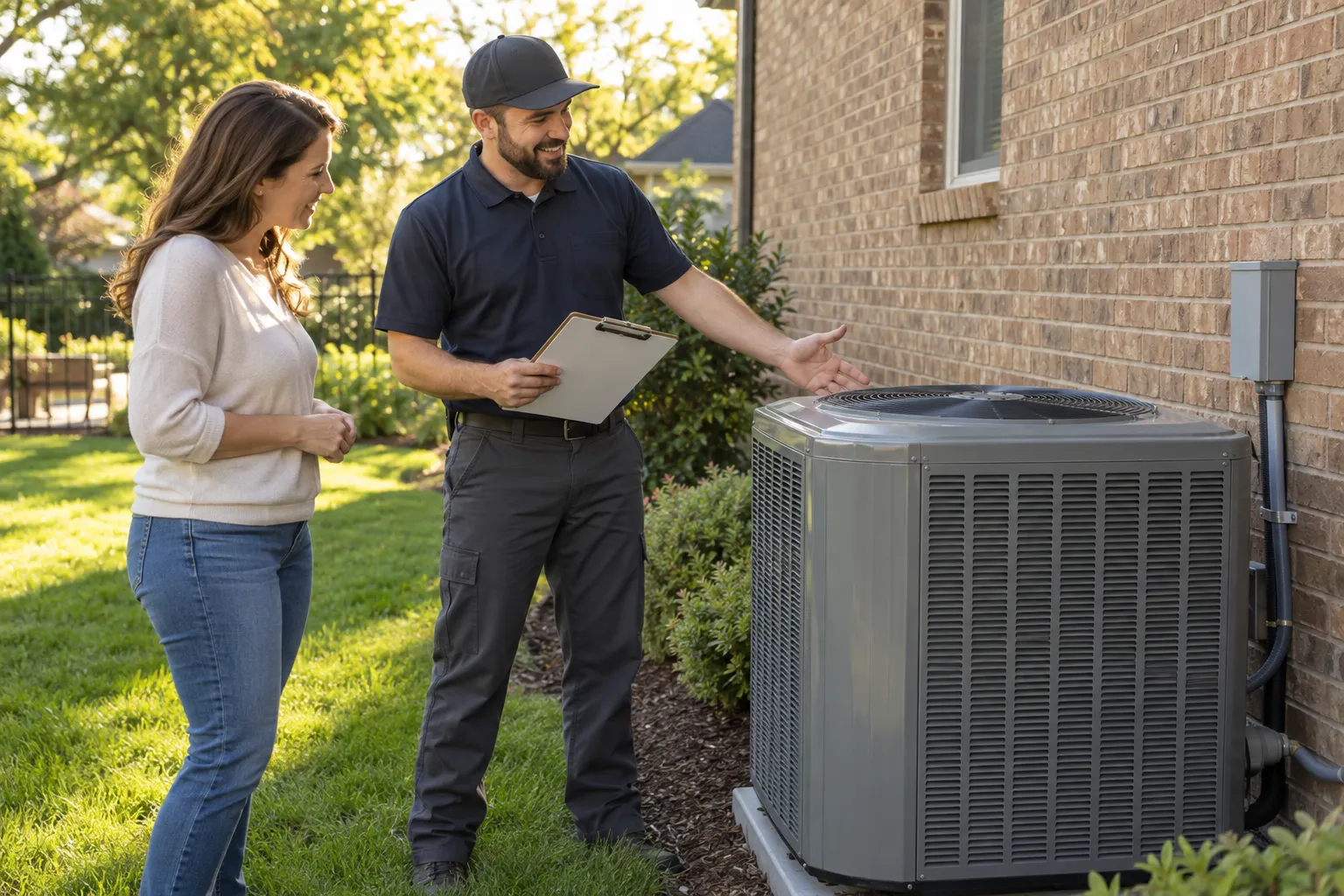 Friendly HVAC provider explaining a new outdoor AC unit to a homeowner outside a brick house in South Fulton