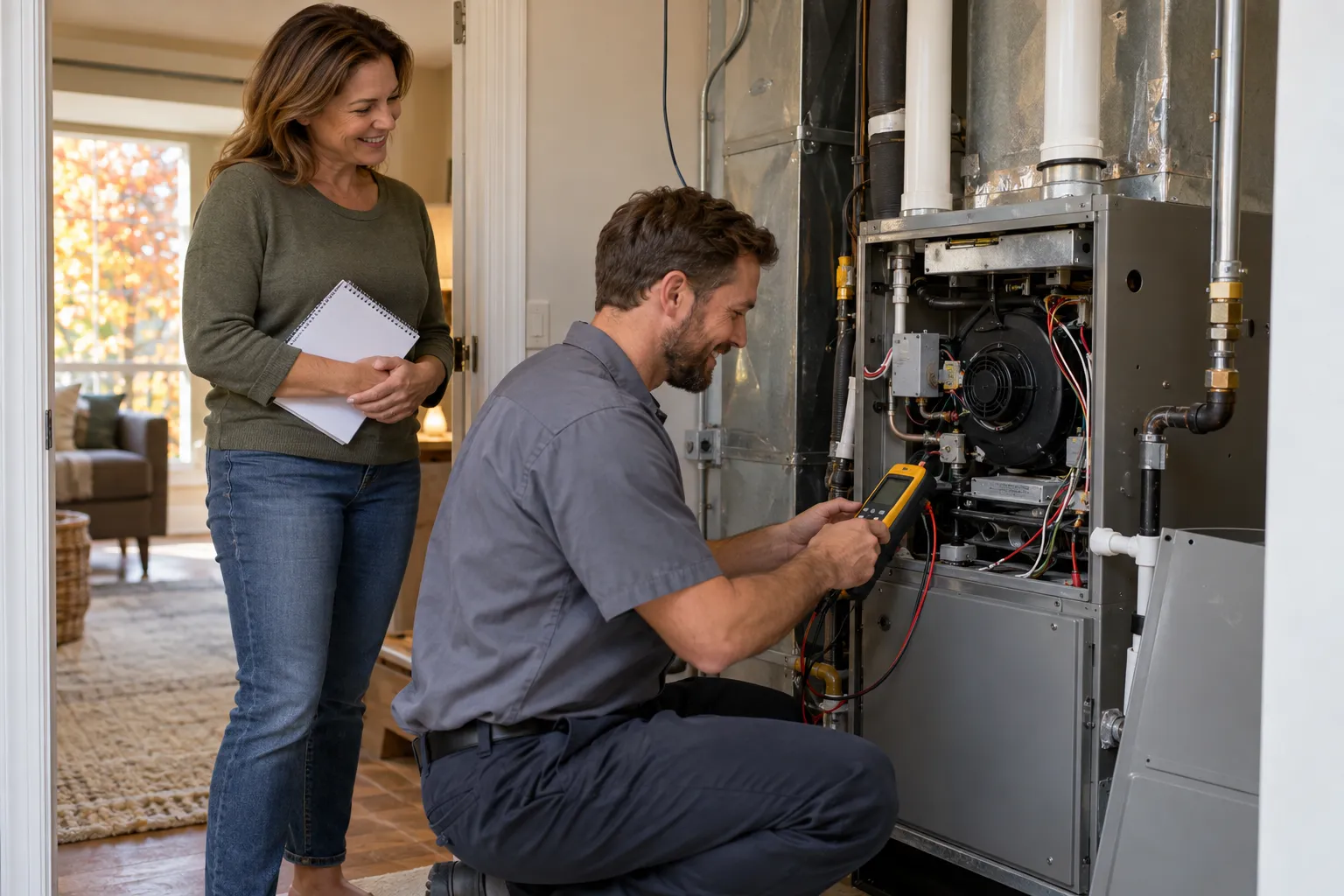 A friendly provider checking a furnace in a South Fulton home