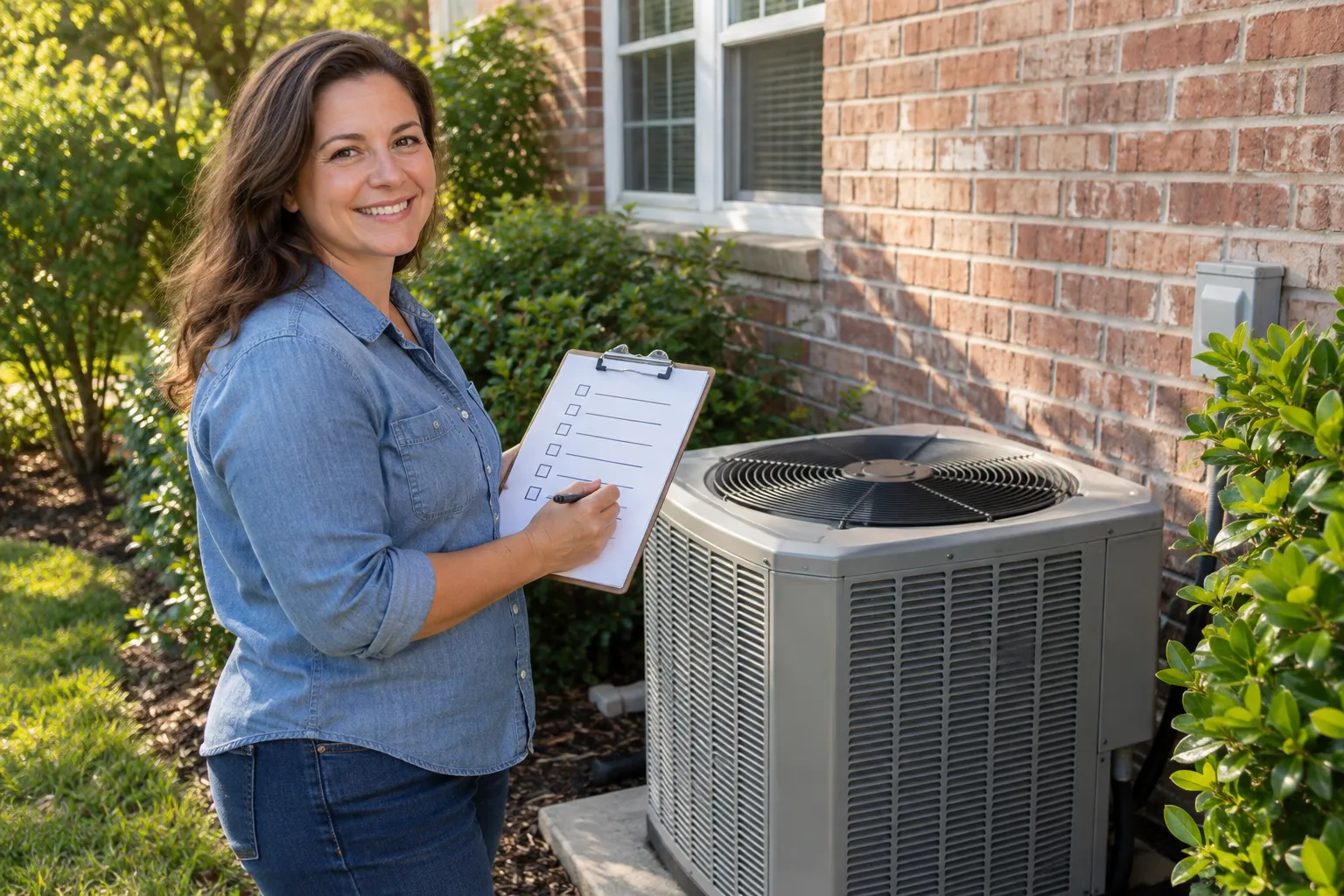 Outdoor air conditioner unit beside a brick home in the South Fulton area