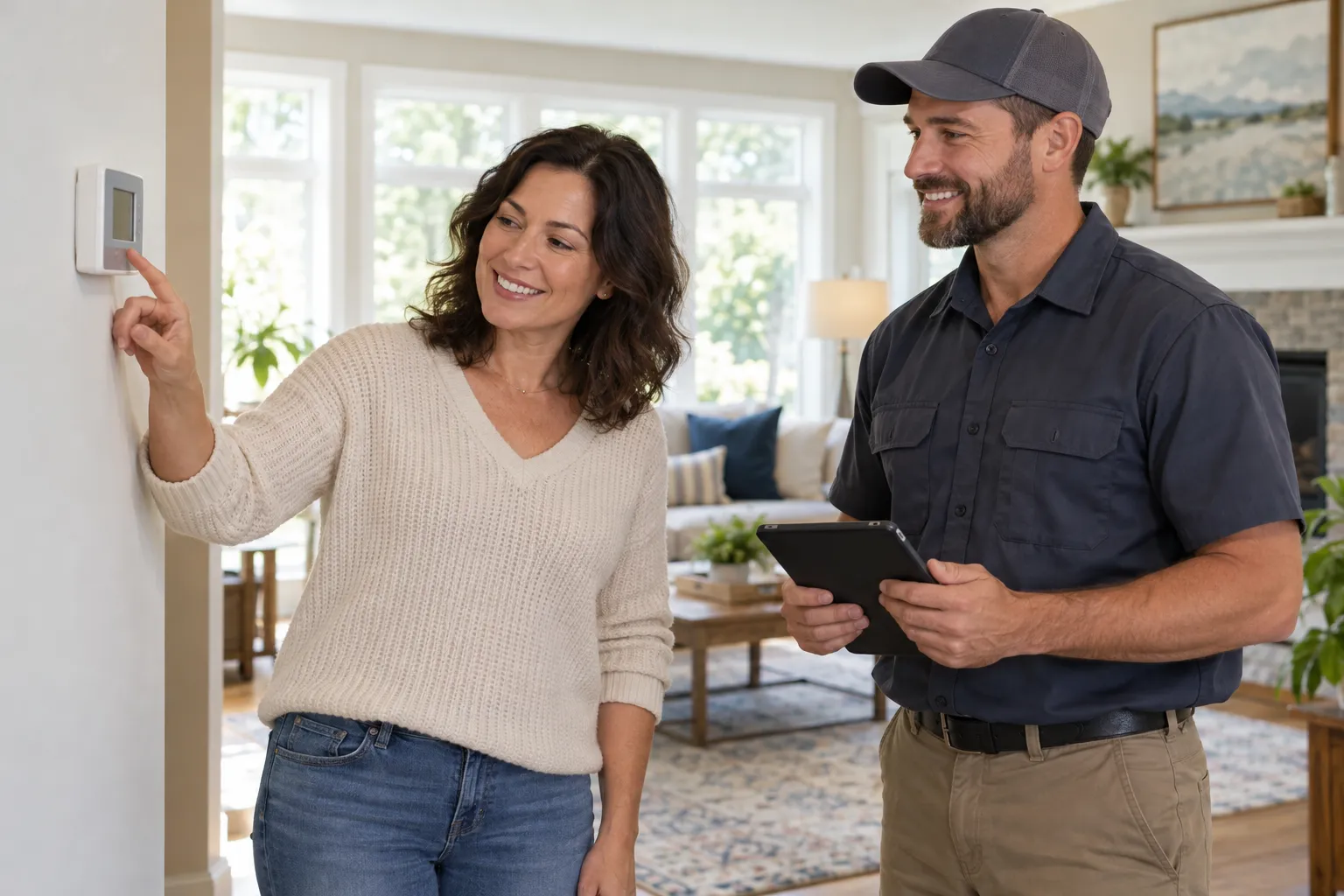 Homeowner checking a thermostat in a bright living room in South Fulton